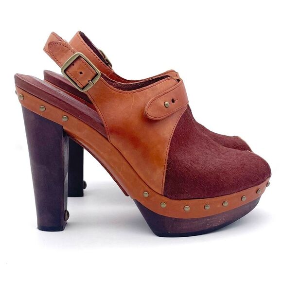 UGG Nicco Leather Calf Hair Platform Peep Toe Slingback Sandal Brown Size 8.5 - Picture 7 of 16